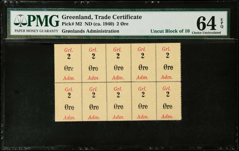 GREENLAND. Gronlands Administration. 2 Ore, ND (ca. 1940). P-M2. Uncut Block of ...