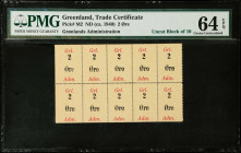 GREENLAND. Gronlands Administration. 2 Ore, ND (ca. 1940). P-M2. Uncut Block of 10. PMG Choice Uncirculated 64 EPQ.
PMG comments "As Made Perforation...