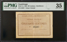 GUADELOUPE. Tresor Colonial. 50 Centimes, 1884. P-1a. PMG Choice Very Fine 35.
With serial number. No signatures. One of just four examples graded by...