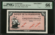 GUADELOUPE. Banque de la Guadeloupe. 500 Francs, ND (1942). P-25s. Specimen. PMG Gem Uncirculated 66 EPQ.
Estimate $500.00 - $1000.00