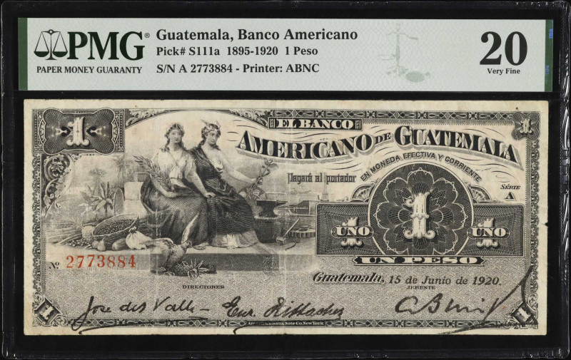 GUATEMALA. El Banco Americano de Guatemala. 1 Peso, 1895-1920. P-S111a. PMG Very...
