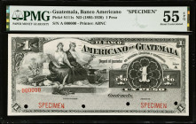 GUATEMALA. El Banco Americano de Guatemala. 1 Peso, ND (1895-1920). P-S111s. Specimen. PMG About Uncirculated 55 EPQ.
Estimate $100.00 - $200.00