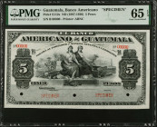GUATEMALA. El Banco Americano de Guatemala. 5 Pesos, ND (1897-1920). P-S112s. Specimen. PMG Gem Uncirculated 65 EPQ.
Estimate $300.00 - $500.00
