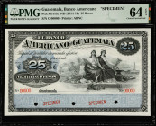 GUATEMALA. El Banco Americano de Guatemala. 25 Pesos, ND (1914-18). P-S113s. Specimen. PMG Choice Uncirculated 64 EPQ.
Estimate $300.00 - $500.00