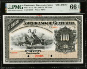 GUATEMALA. El Banco Americano de Guatemala. 100 Pesos, ND (1913-25). P-S114s. Specimen. PMG Gem Uncirculated 66 EPQ.
Estimate $400.00 - $750.00