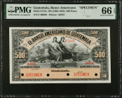 GUATEMALA. El Banco Americano de Guatemala. 500 Pesos, 1895-1926. P-S115s. Specimen. PMG Gem Uncirculated 66 EPQ.
Estimate $400.00 - $600.00