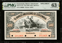 GUATEMALA. El Banco Americano de Guatemala. 500 Pesos, ND (1895-1925). P-S115s. Specimen. PMG Choice Uncirculated 63 EPQ.
Estimate $250.00 - $350.00