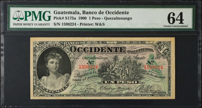 GUATEMALA. Banco de Occidente. 1 Peso, 1900. P-S175a. PMG Choice Uncirculated 64...