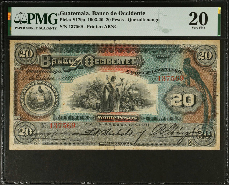 GUATEMALA. Banco de Occidente. 20 Pesos, 1903-20. P-S179a. Very Fine 20.
Good c...