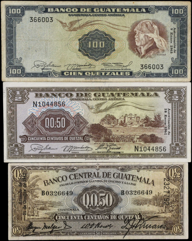 GUATEMALA. Lot of (2). Mixed Banks. 1/2 & 100 Quetzales, 1942-63. P-13a, 41c & 5...