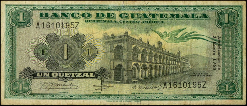 GUATEMALA. Banco de Guatemala. 1 Quetzal, 1968. P-52e(4). Fine.
Stains. Pinhole...