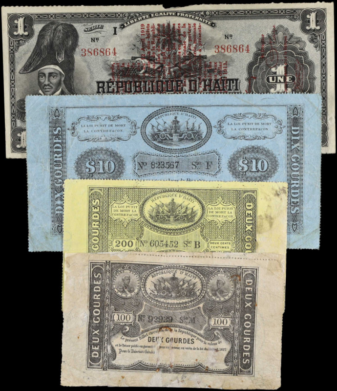 HAITI. Lot of (4). Mixed Banks. 1, 2 & 10 Gourdes, 1827-1919. P-33, 36, 42 & 140...