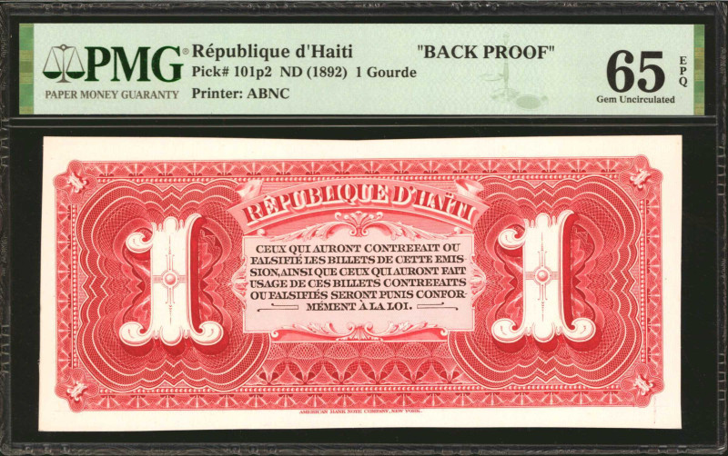 HAITI. Republique d'Haiti. 1 Gourde, ND (1892). P-101p2. Back Proof. PMG Gem Unc...