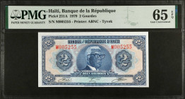 HAITI. Banque de la Republique d'Haiti. 2 Gourdes, 1979. P-231A. PMG Gem Uncirculated 65 EPQ.
Estimate $200.00 - $300.00