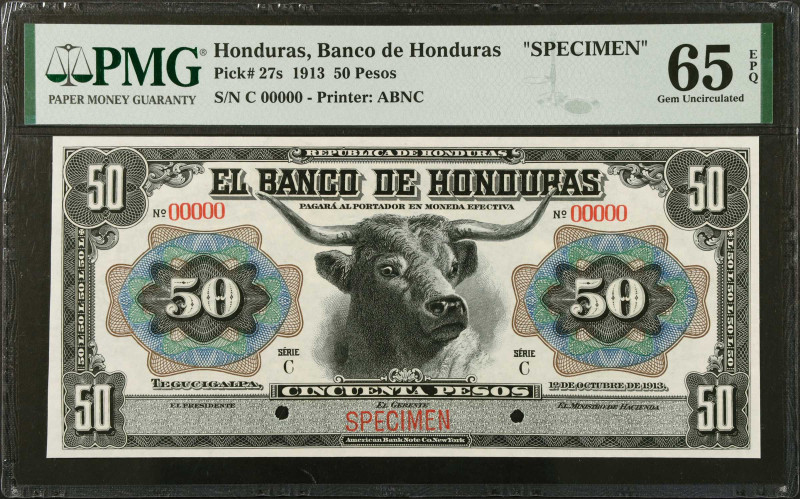 HONDURAS. El Banco de Honduras. 50 Pesos, 1913. P-27s. Specimen. PMG Gem Uncircu...