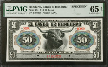 HONDURAS. El Banco de Honduras. 50 Pesos, 1913. P-27s. Specimen. PMG Gem Uncirculated 65 EPQ.
Printed by ABNC. Specimen.
Estimate $500.00 - $1000.00