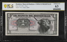 HONDURAS. El Banco de Honduras. 1 Peso, 1922. P-29p. Uniface Proof Face. PCGS Banknote Choice Uncirculated 63.
PCGS Banknote comments "Annotation".
...