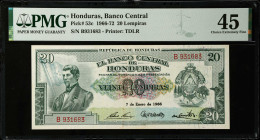 HONDURAS. El Banco Central de Honduras. 20 Lempiras, 1966-72. P-53c. PMG Choice Extremely Fine 45.
PMG comments "Minor Rust".
Estimate $200.00 - $40...