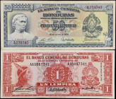 HONDURAS. Lot of (2). El Banco Central de Honduras. 1 & 50 Lempiras, 1956-65. P-54 & 54Aa. Very Fine.
Minor rust on the 50 Lempiras.
Estimate $100.0...