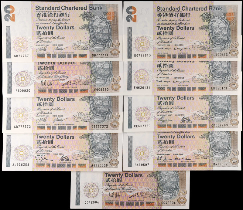 HONG KONG. Lot of (9). Standard Chartered Bank. 20 Dollars, 1985-2001. P-279a, 2...