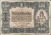 HUNGARY. Penzugyminiszterium. 10,000 Korona, 1920. P-68. Very Good.
Hole at center. Edge tears. Edge/corner wear. Mounting remnants.
Estimate $100.0...