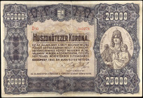 HUNGARY. Penzugyminiszterium. 25,000 Korona, 1922. P-69a. Very Fine.
Edge tears. Edge wear. Mounting remnants/damage.
Estimate $100.00 - $200.00