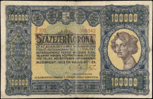 HUNGARY. Penzugyminiszterium. 100,000 Korona, 1923. P-72a. Fine.
Mounting remnants. Edge wear.
Estimate $200.00 - $400.00