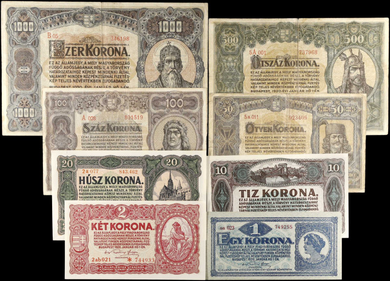 HUNGARY. Lot of (8). Penzugyminiszterium. 1 to 500 Korona, 1920. P-Various. Very...