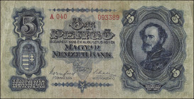 HUNGARY. Magyar Nemzeti Bank. 5 Pengo, 1928. P-95. Fine.
Mounting remnants/damage. SOLD AS IS/NO RETURNS. 
Estimate $200.00 - $400.00