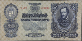 HUNGARY. Magyar Nemzeti Bank. 20 Pengo, 1930. P-97s. Specimen. About Uncirculated.
Mounting remnants.
Estimate $200.00 - $400.00