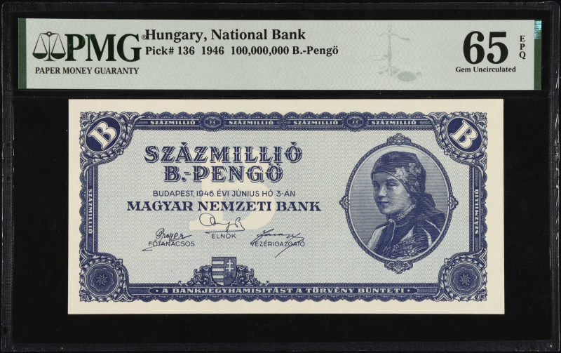 HUNGARY. Magyar Nemzeti Bank. 100,000,000 B.-Pengö, 1946. P-136. PMG Gem Uncircu...