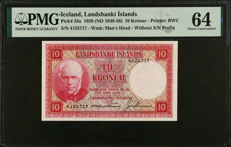 ICELAND. Landsbanki Islands. 10 Kronur, 1928 (ND 1948-56). P-33a. PMG Choice Unc...