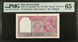 INDIA. Reserve Bank of India. 2 Rupees, ND (1943). P-17b. PMG Gem Uncirculated 65 EPQ.
PMG comments "Staple Holes at Issue".
Estimate $200.00 - $400...