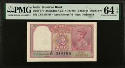 INDIA. Reserve Bank of India. 2 Rupees, ND (1943). P-17b. PMG Choice Uncirculated 64 EPQ.
PMG comments "Staple Holes at Issue".
Estimate $125.00 - $...