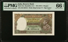 INDIA. Reserve Bank of India. 5 Rupees, ND (1937). P-18a. PMG Gem Uncirculated 66 EPQ.
PMG comments "Staple Holes at Issue".
Estimate $150.00 - $250...