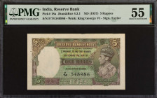 INDIA. Reserve Bank of India. 5 Rupees, ND (1937). P-18a. PMG About Uncirculated 55.
PMG comments "Staple Holes at Issue".
Estimate $100.00 - $200.0...