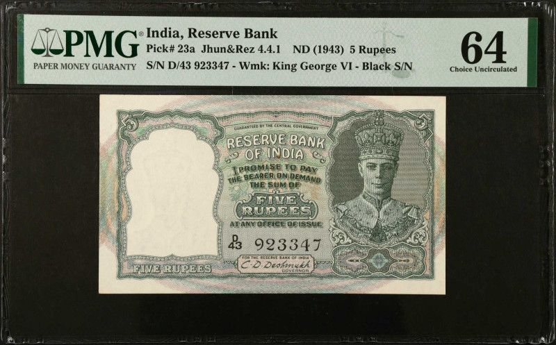 INDIA. Reserve Bank of India. 5 Rupees, ND (1943). P-23a. PMG Choice Uncirculate...