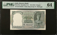 INDIA. Reserve Bank of India. 5 Rupees, ND (1943). P-23a. PMG Choice Uncirculated 64.
PMG comments "Staple Holes at Issue".
Estimate $250.00 - $400....
