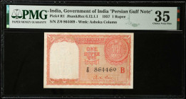 INDIA. Government of India. 1 Rupee, 1957. P-R1. Persian Gulf Note. PMG Choice Very Fine 35.
PMG comments "Staple Holes at Issue".
Estimate $200.00 ...