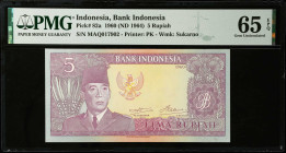 INDONESIA. Bank Indonesia. 5 Rupiah, 1960 (ND 1964). P-82a. PMG Gem Uncirculated 65 EPQ.
Estimate $100.00 - $150.00