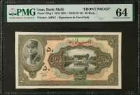 IRAN. Lot of (2). Bank Melli Iran. 50 Rials, ND (1934). P-27bp1 & 27p2. Front & Back Proofs. PMG Choice Uncirculated 64.
Printed by ABNC. Signatures ...