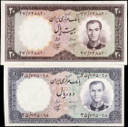 IRAN. Lot of (2). Bank Markazi Iran. 10 & 20 Rials, 1961. P-71 & 72. About Uncirculated.
Mounting remnants are on both.
Estimate $40.00 - $60.00