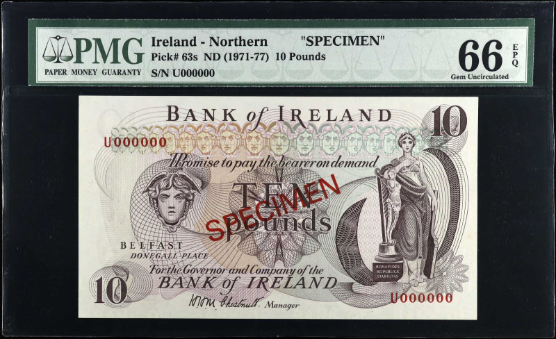 IRELAND, NORTHERN. Bank of Ireland. 10 Pounds, ND (1971-77). P-63s. Specimen. PM...