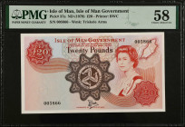 ISLE OF MAN. Isle of Man Government. 20 Pounds, ND (1979). P-37a. PMG Choice About Uncirculated 58.
Four digit serial number. PMG comments "Minor For...