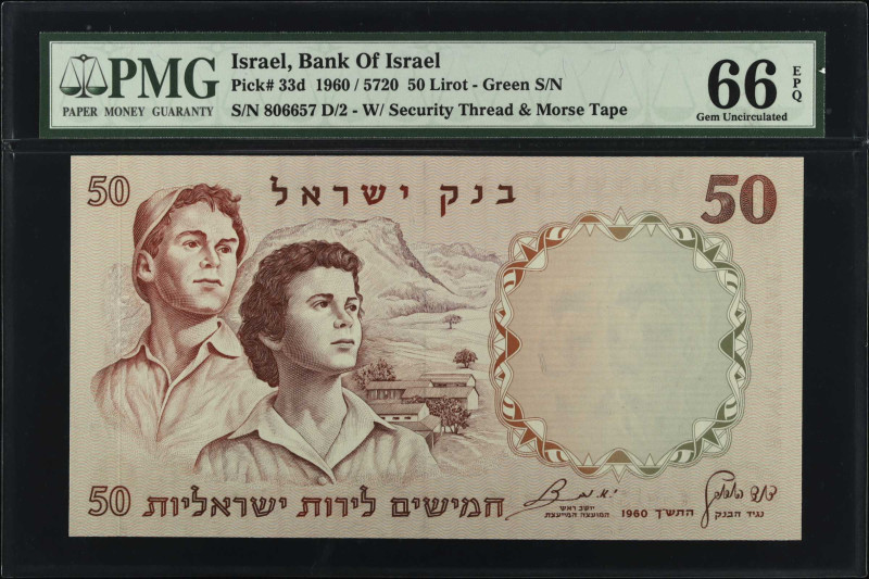 ISRAEL. Bank of Israel. 50 Lirot, 1960. P-33d. PMG Gem Uncirculated 66 EPQ.
Est...