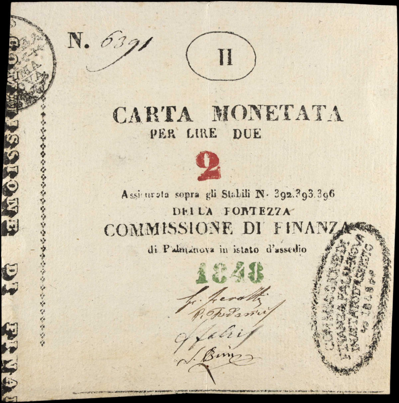 ITALY. Commissione di Finanza. 2 Lire, 1848. P-S247. Very Fine.
Hole.
Estimate...