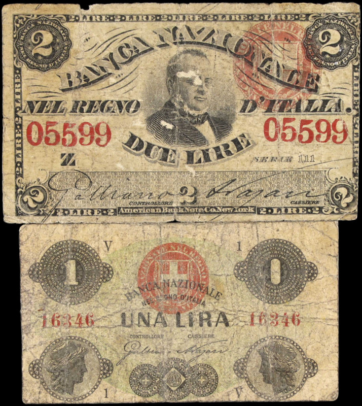 ITALY. Lot of (2). Banca Nazionale nel Regno d'Italia. 1 & 2 Lire, 1866-73. P-S7...