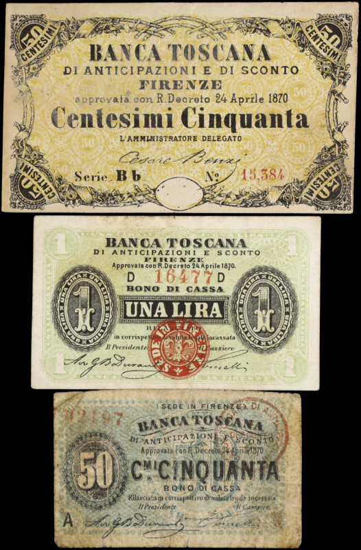 ITALY. Lot of (3). Banca Toscana. 50 Centesimi & 1 Lira, 1870. P-Unlisted. Fine ...