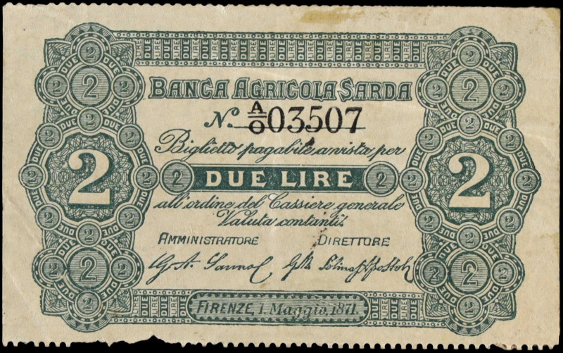 ITALY. Banca Agricola Sarda. 2 Lire, 1871. P-Unlisted. Very Fine.
Edge wear. Mo...