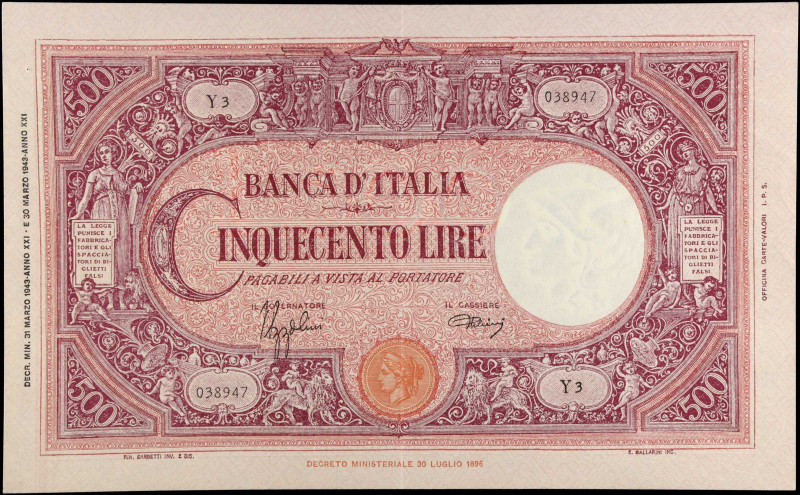 ITALY. Banca d'Italia. 500 Lire, 1943. P-69. Extremely Fine.
Pinholes. Mounting...